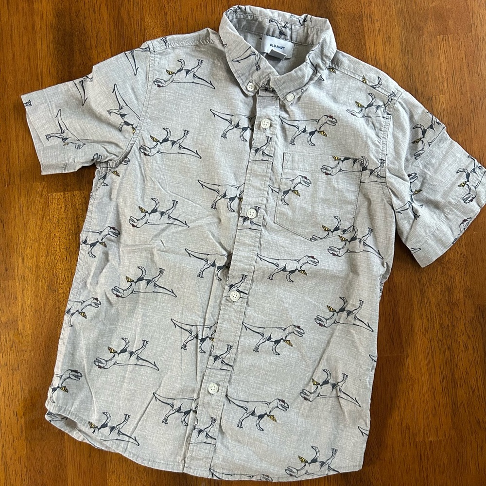 T-Rex Pizza Party Collared Button Up Shirt | Boys Size Small (6/7) | Old Navy